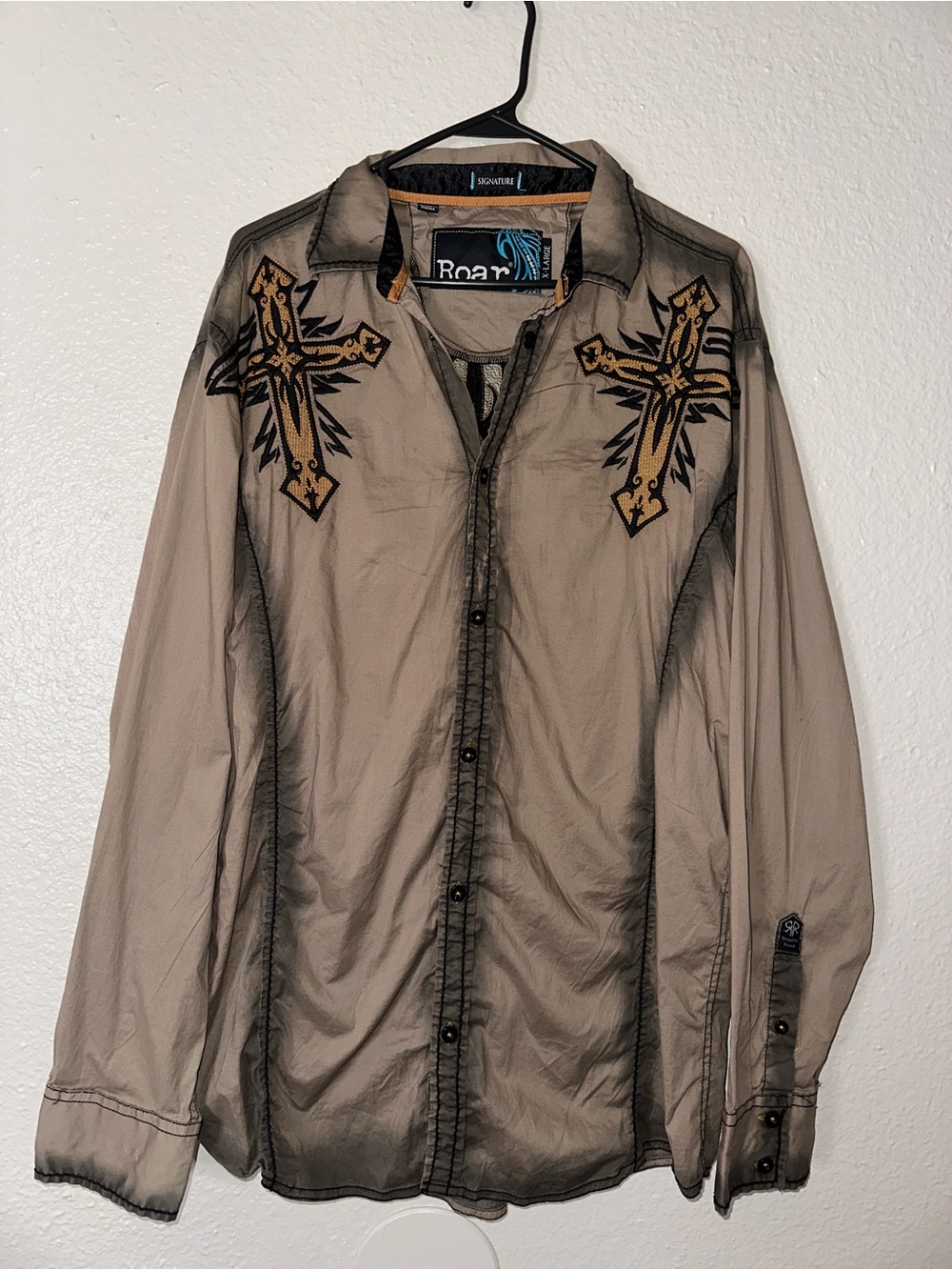 Roar Men's Taupe Button-Front Shirt Jacket with Embroidered Crosses